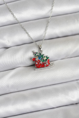 316L Çelik Zincir Gümüş Renk Kızak ve Çam Ağacı Figürlü Yılbaşı Temalı Kadın Kolye