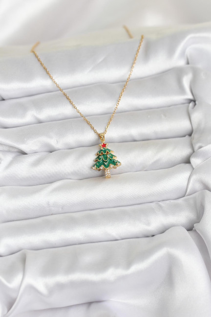 316L Çelik Zincir Gold Renk Çam Ağacı Model Yılbaşı Temalı Kadın Kolye