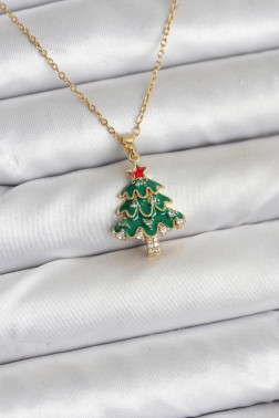 316L Çelik Zincir Gold Renk Çam Ağacı Model Yılbaşı Temalı Kadın Kolye