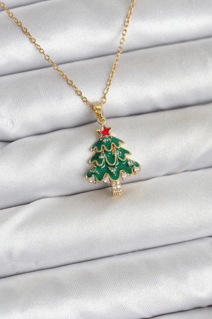 316L Çelik Zincir Gold Renk Çam Ağacı Model Yılbaşı Temalı Kadın Kolye